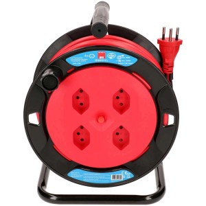 Enrouleur de câble, 15m, rouge-noir, 4 prises Type 13, avec cadre en métal.