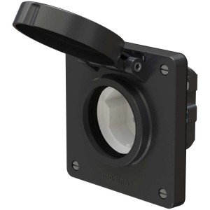 Presa a muro nera Exo Tipo25 IP55 con coperchio a cerniera aperto.