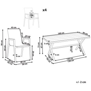 Dimensions du salon de jardin Beliani Tiano: table et 4 chaises empilables en aluminium. Charge max. 130 kg.