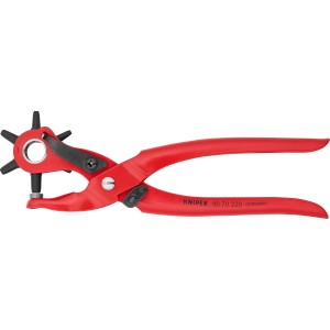 Pinza fustellatrice a revolver Knipex rossa, 220 mm, con sei punzoni per forare.