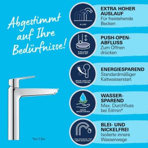 Miscelatore lavabo Grohe QuickFix Start XL: Rubinetto cromato con funzione di risparmio energetico e bocca alta.