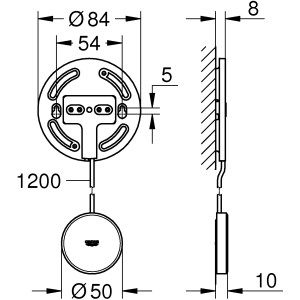 Technische Zeichnung: Grohe Sense Verlängerungs-Set mit Maßen für Montage und Sensorverlängerung.