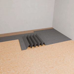 Graue Laminat Trittschallunterlage Floor Perfect 2 mm auf Holzboden, teilweise verlegt.