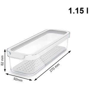 Organizzatore frigo Rotho Cauma 1,15 l, trasparente, con inserto scolapiatti e dimensioni.