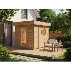 Sauna de jardin Finntherm Cubus-70 B en épicéa naturel avec toit plat et fenêtre ronde.