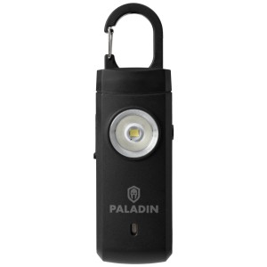 Schwarzer Paladin Panikalarm mit LED-Lampe und Karabinerhaken. Kompakte Alarmanlage für unterwegs.
