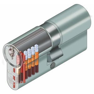 Cylindre profilé Abus E60NP, 60mm, vue en coupe montrant la technologie à goupilles pour serrures et quincaillerie.