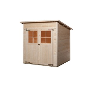 Abri de jardin en bois brut avec toit monopente, 200x198 cm. Cabanon de rangement couleur naturelle avec double porte et fenêtres.