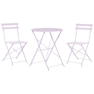 Set bistro Fiori in metallo lilla con tavolo e due sedie, ideale per balcone o patio.