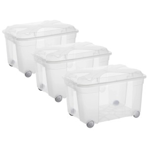 Rotho Roller4 Easy Aufbewahrungsboxen, 3 transparente Boxen à 57 Liter mit Rollen und Deckel.