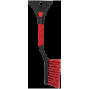 Balai à neige Nigrin avec grattoir à glace, court, avec manche rouge et grattoir noir.