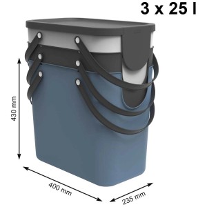 Rotho Albula Recycling Set, 3 Mülleimer à 25 Liter, blau, grau, stapelbar.