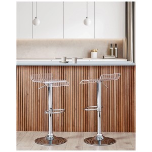Deux tabourets de bar Neum en acrylique transparent avec structure métallique argentée. Pivotants, réglables en hauteur.