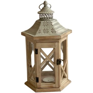 Lanterne en bois hexagonale marron clair, taille S, pour un éclairage chaleureux.