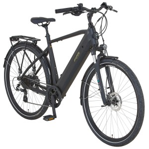 Bicicletta da uomo Prophete Trekking E-Bike Entdecker 2.0 nera con portapacchi e telaio a diamante.