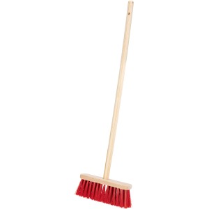 Balai de voirie pour enfants avec manche en bois et poils rouges pour petits jardiniers.