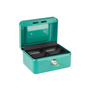 Coffre-fort Burg Wächter Money 5015 turquoise ouvert avec monnayeur et clé.