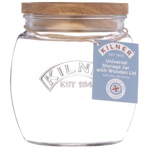 Barattolo universale Kilner in vetro trasparente, 0,85 l, con coperchio in legno per alimenti.