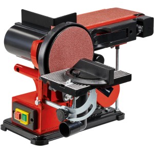 Einhell TC-US 380 Ponceuse à bande et à disque : Ponceuse rouge avec bande et disque de ponçage.