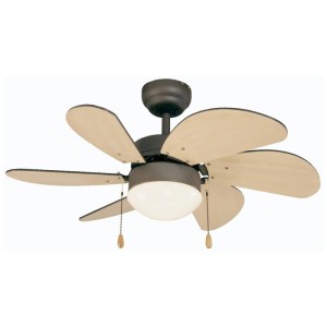 Ventilateur de plafond CMI aspect bois, Ø 76 cm, 6 pales, avec lampe et chaînette.