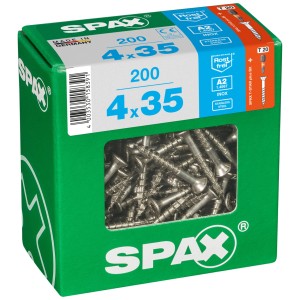 Confezione di viti Spax in acciaio inox A2, 4x35 mm, 200 pz, antiruggine, con attacco T-Star plus.