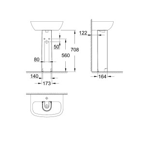 Disegno tecnico: Colonna Grohe Bau Keramik per lavabo, dimensioni e viste.