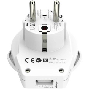 Skross Reiseadapter World to Europe mit USB-Anschluss, weiß, für Steckdosenleisten.