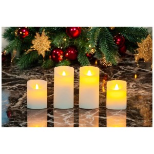LED-Wachskerzen 4er-Set in Weiß mit warmweißem Licht und Timerfunktion für den Innenbereich.