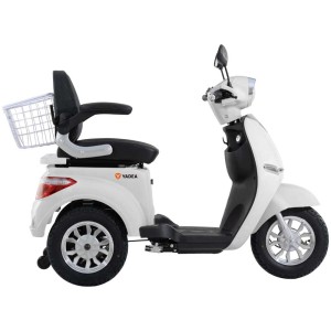 Weisses Yadea Elektro-Dreirad C-Mate, E-Bike für Mobilität, mit Korb und Sessel.