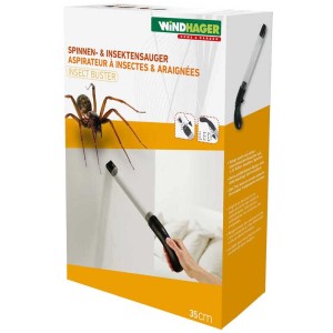 Aspiratore per ragni e insetti Windhager nella scatola, con esempio di applicazione.