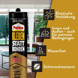 Pattex colle de montage 3en1, cartouche blanche avec applicateur. Pour coller, sceller et remplir.