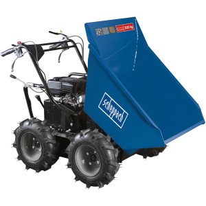 Scheppach Dumper DP3000: Carriola motorizzata blu con pneumatici robusti, portata fino a 300 kg.