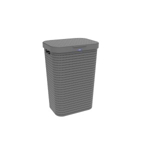 Cesto portabiancheria Rotho Country 55L grigio con effetto rattan e coperchio.