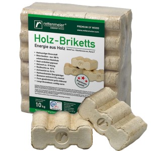 Holzbriketts 10 kg, gepresst aus Nadelholz für Kamin & Ofen. Brennstoff für wohlige Wärme im Winter.