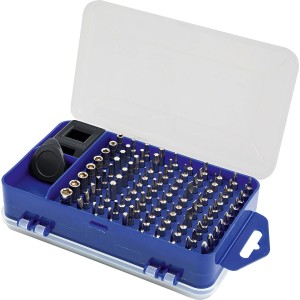 Kit de réparation pour smartphone LUX, 108 pièces, dans une boîte bleue ouverte avec couvercle transparent.