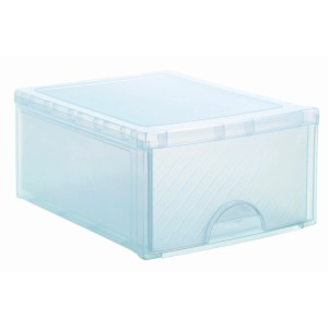 Transparente Frontbox mit Schublade zur Aufbewahrung, stapelbar.