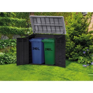 Box da giardino e per bidoni Keter antracite con due bidoni da 240L in giardino.