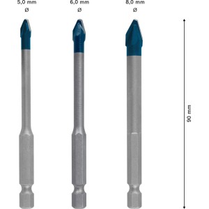 Set di punte per trapano Bosch Expert Hex-9 Hard Ceramic, 3 pezzi, varie misure.