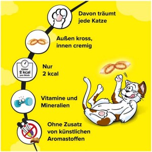 Dreamies Mixbox Katzensnacks: Cartoon einer spielenden Katze mit Infos zu den Leckerlies.