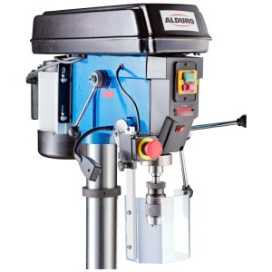 Trapano a colonna Alduro BM-25VL, acciaio blu, con display digitale della velocità e laser a croce.