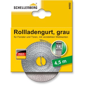 Sangle de volet roulant Schellenberg Mini, 14mm, 4,5m, Grise, enroulée dans un emballage jaune.