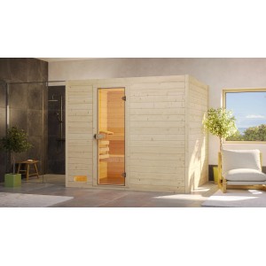 Sauna en bois massif Weka Valida 4 avec porte en verre, aspect bois clair.