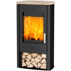 Poêle à bois Fireplace Tuvalu avec dessus en grès, compartiment à bois et feu allumé.