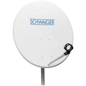 Antenne satellite Schwaiger gris clair (72 cm) en acier avec logo pour une réception TV et radio optimale.