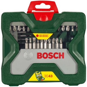 Set di punte Bosch X-Line, 43 pezzi, in custodia verde con varie punte e trapani.