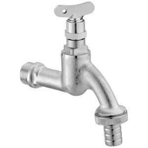Robinet de puisage chromé 21 mm avec raccord de tuyau et clé.