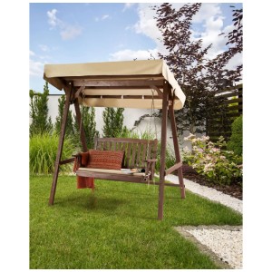 Dondolo Hollywood in legno di abete scuro con tettuccio beige in giardino. Comoda altalena da esterno.