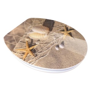 Sedile WC Sanitop-Wingenroth con decoro perle di spiaggia e chiusura ammortizzata.