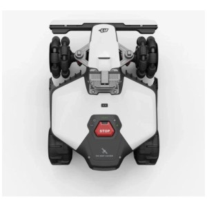 Mammotion Luba mini AWD 1500 robot tagliaerba, vista dall'alto. Robot bianco con trazione integrale e pulsante di stop rosso.