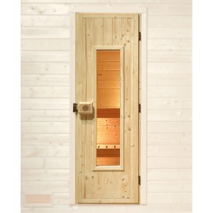 Porte de sauna en bois massif Weka avec insert en verre, bois naturel, avec poignée et loquet à rouleau.